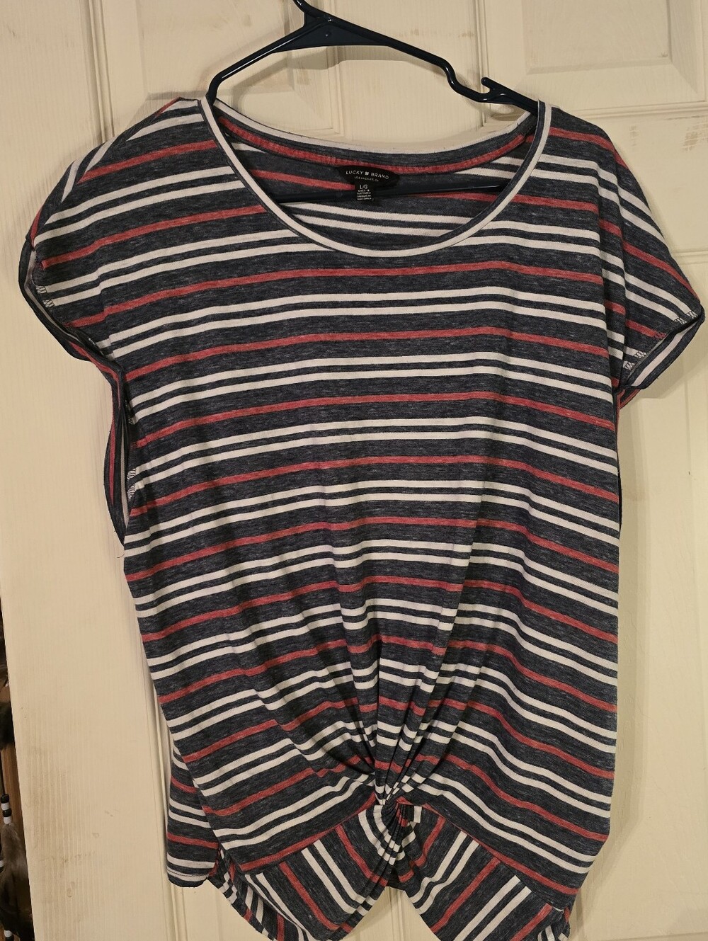 Lucky Brand Navy, White & Red Striped Twist-Hem Short Sleeve Tee